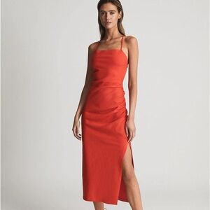 Reiss Khalia Stretch Linen Bodycon Midi Dress Linen Blend Red, 6
